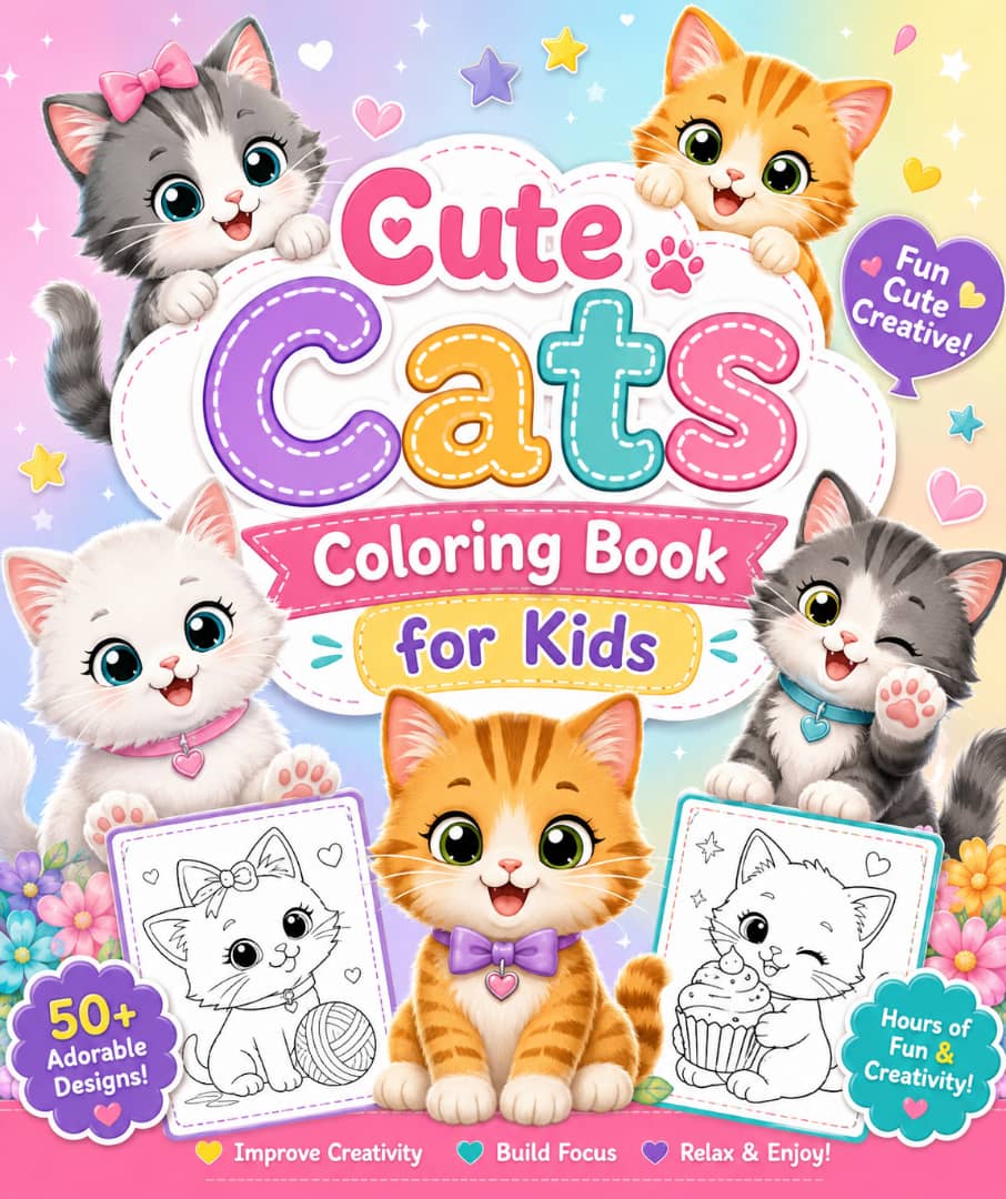 Cute Cats Coloring Book for Kids – 54 Adorable Pages of Fun, Stress Relief & Creativity