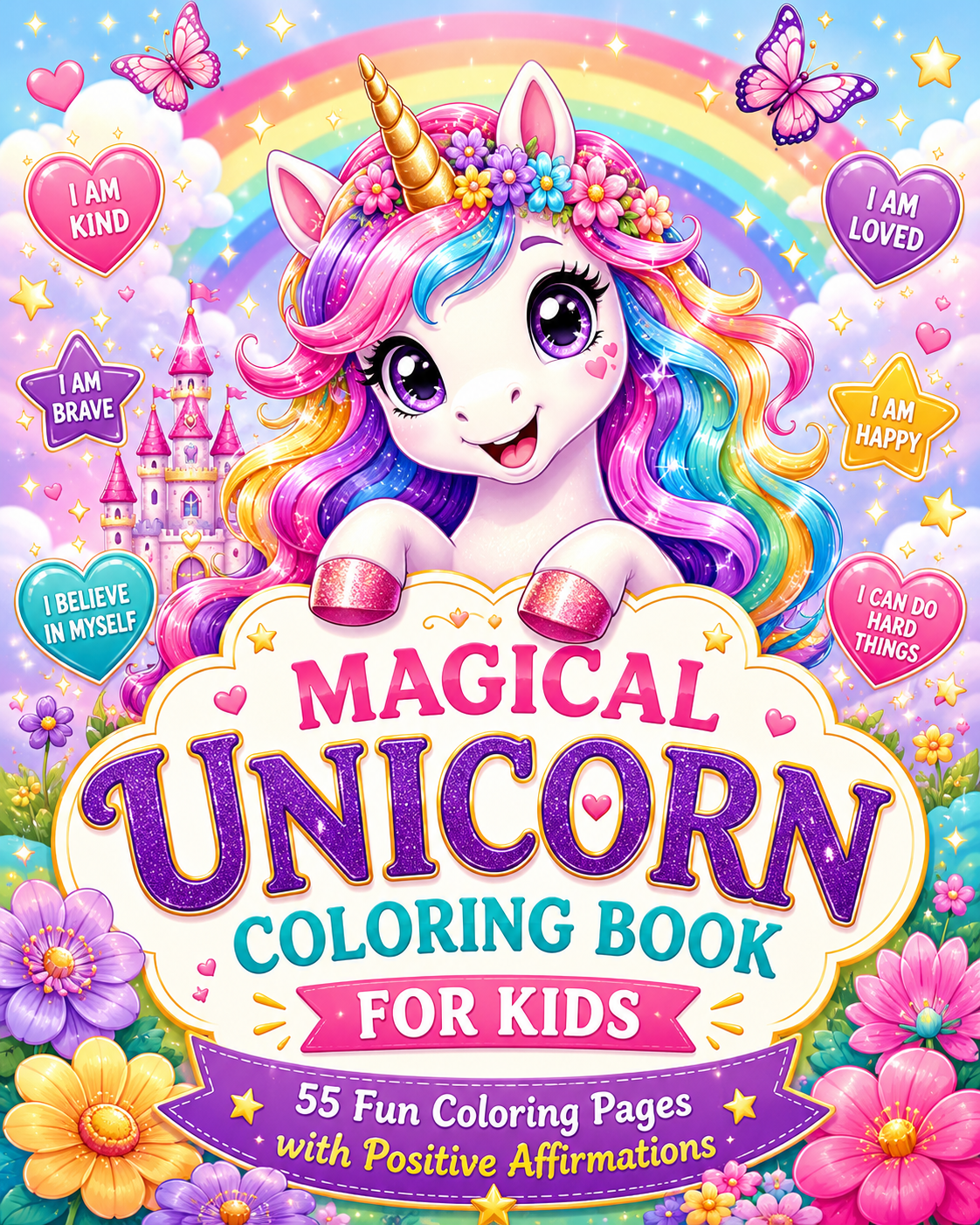 Magical Unicorn Coloring Book for Kids: 55 Fun Coloring Pages with Positive Affirmations, Cute Unicorns & Creative Activities